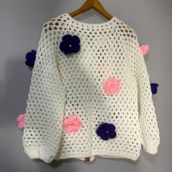 Handmade Floral Crochet Jacket – Luxury Open-Stitch Cardigan with 3D Flowers M/L - Picture 2 of 4
